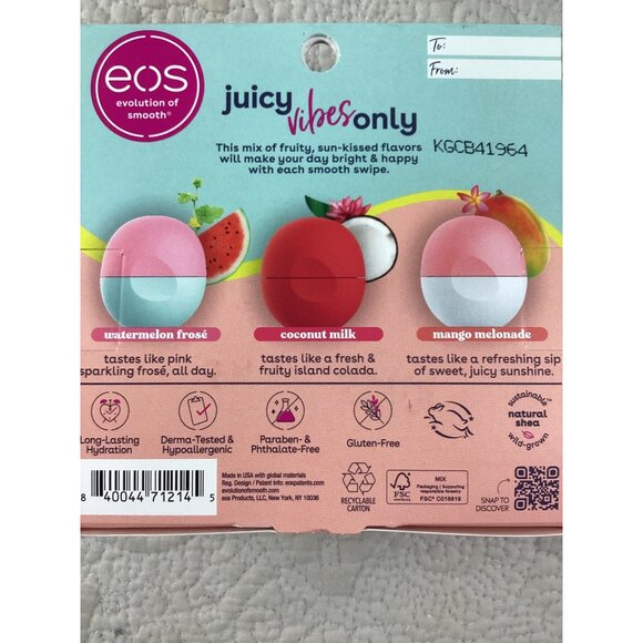Eos Juicy Vibes Smooth Lip Balm 3-Pack*Coconut*Watermelon*Mango*0.25 Oz Each*NIP - Picture 3 of 3